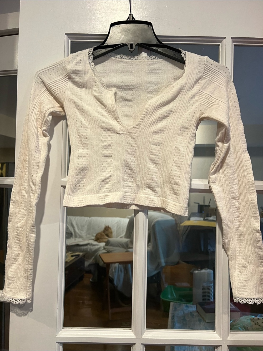 Urban Outfitters Cream Ribbed V-Neck Lace Trim Long Sleeve Top